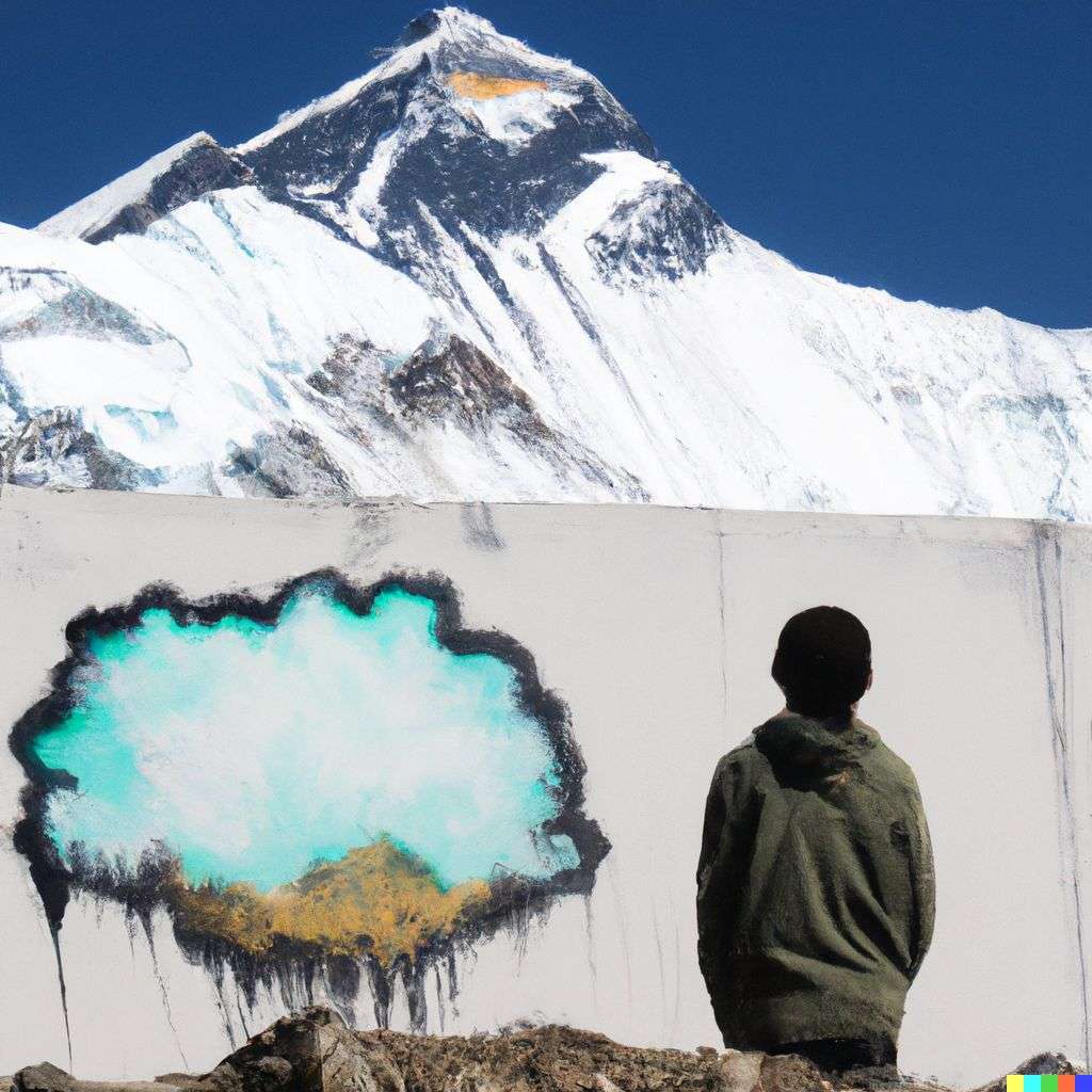 someone gazing at Mount Everest, by Banksy